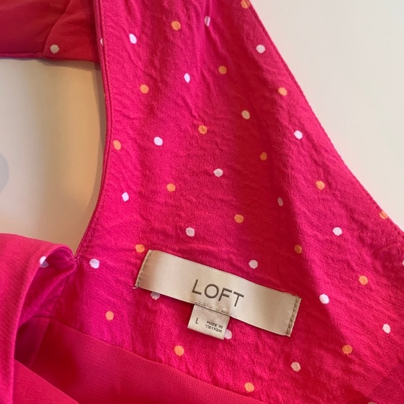 LOFT Polka Dot Bright Pink V-Neck Sleeveless Dress Women’s Large - Picture 7 of 9